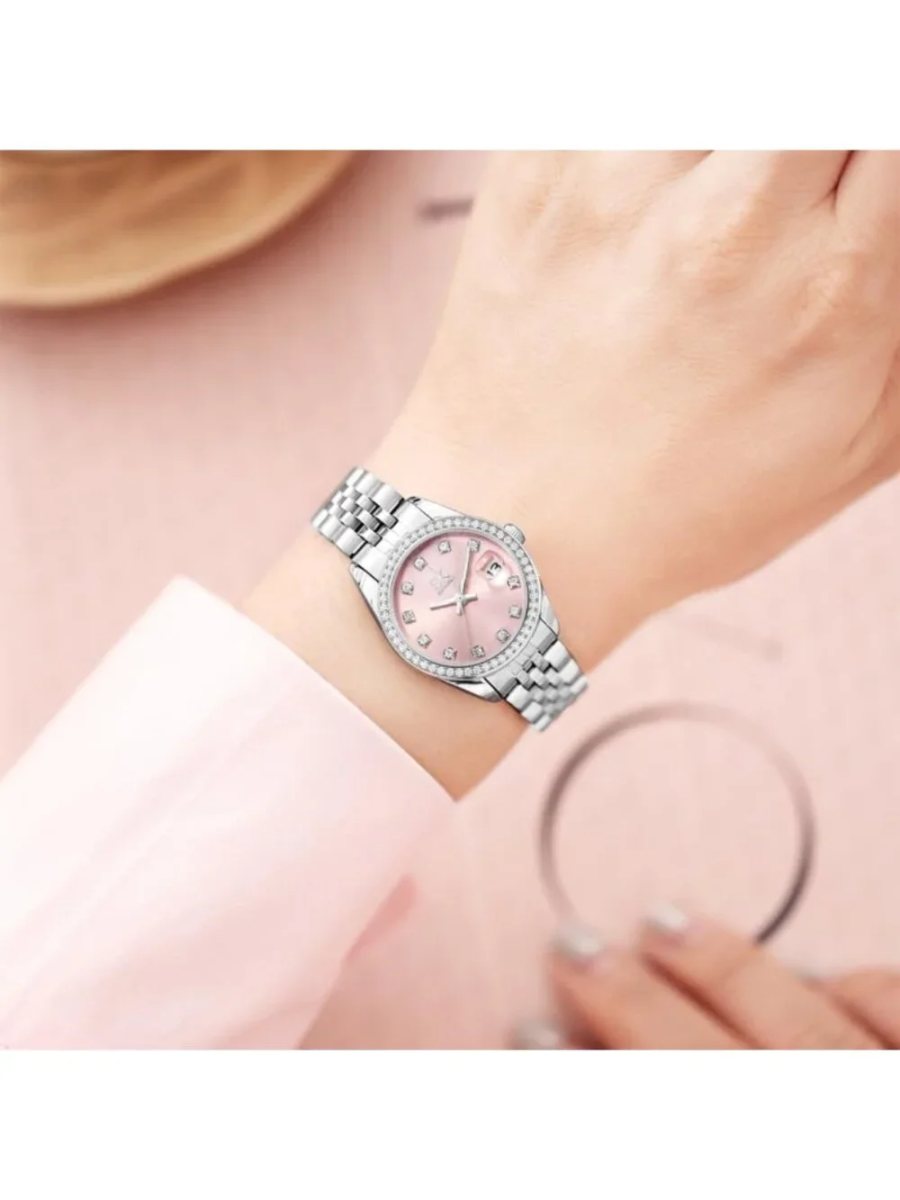 Elegant Crystal Accented Women's Calendar Watch - Stylish Timepiece for Any